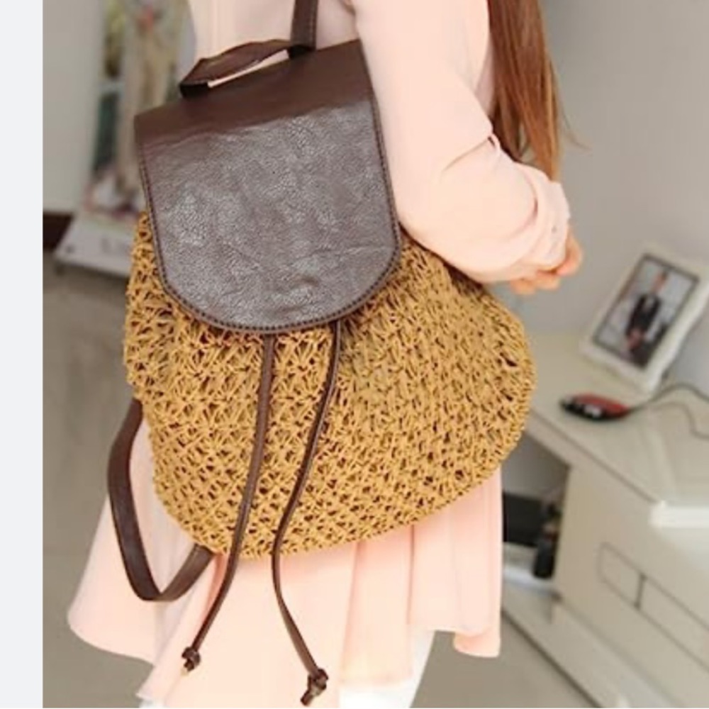 Cappelli Straworld Olive Green Woven Raffia Backpack Brown Faux Leather Trim